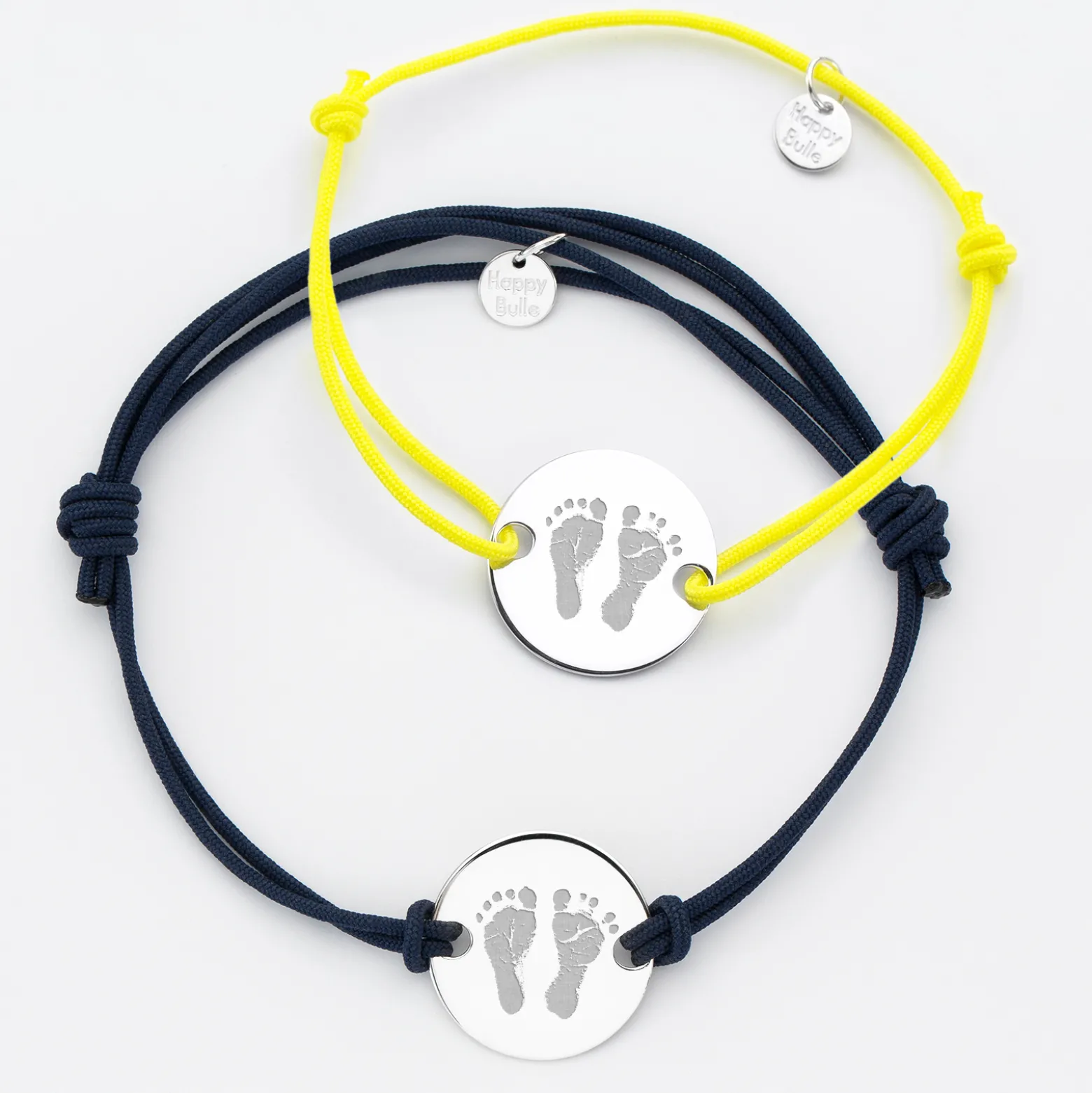 Duo de bracelets personnalisés médailles gravées argent 2 trous 20 mm