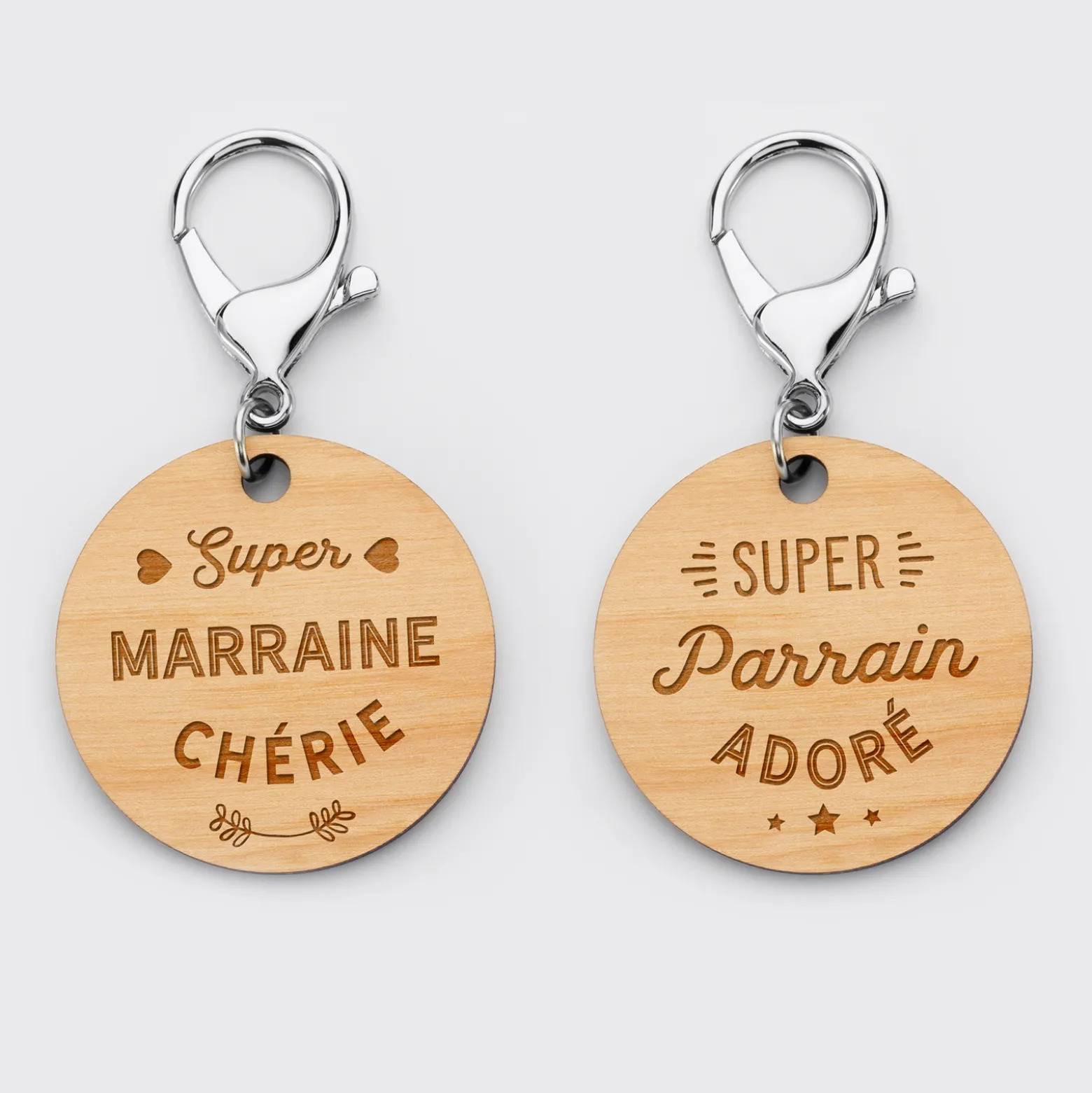 Duo de porte-clés gravés bois médailles rondes 50 mm Parrain et Marraine