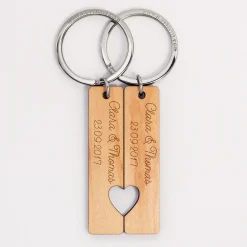 Duo de porte-clés personnalisés médailles gravées bois plaques 16x66 mm "pour les amoureux"