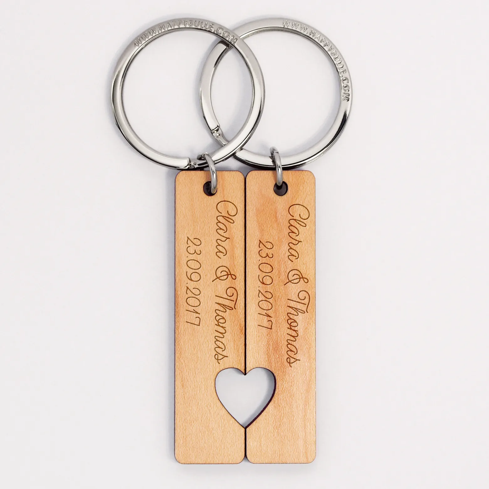 Duo de porte-clés personnalisés médailles gravées bois plaques 16x66 mm "pour les amoureux"