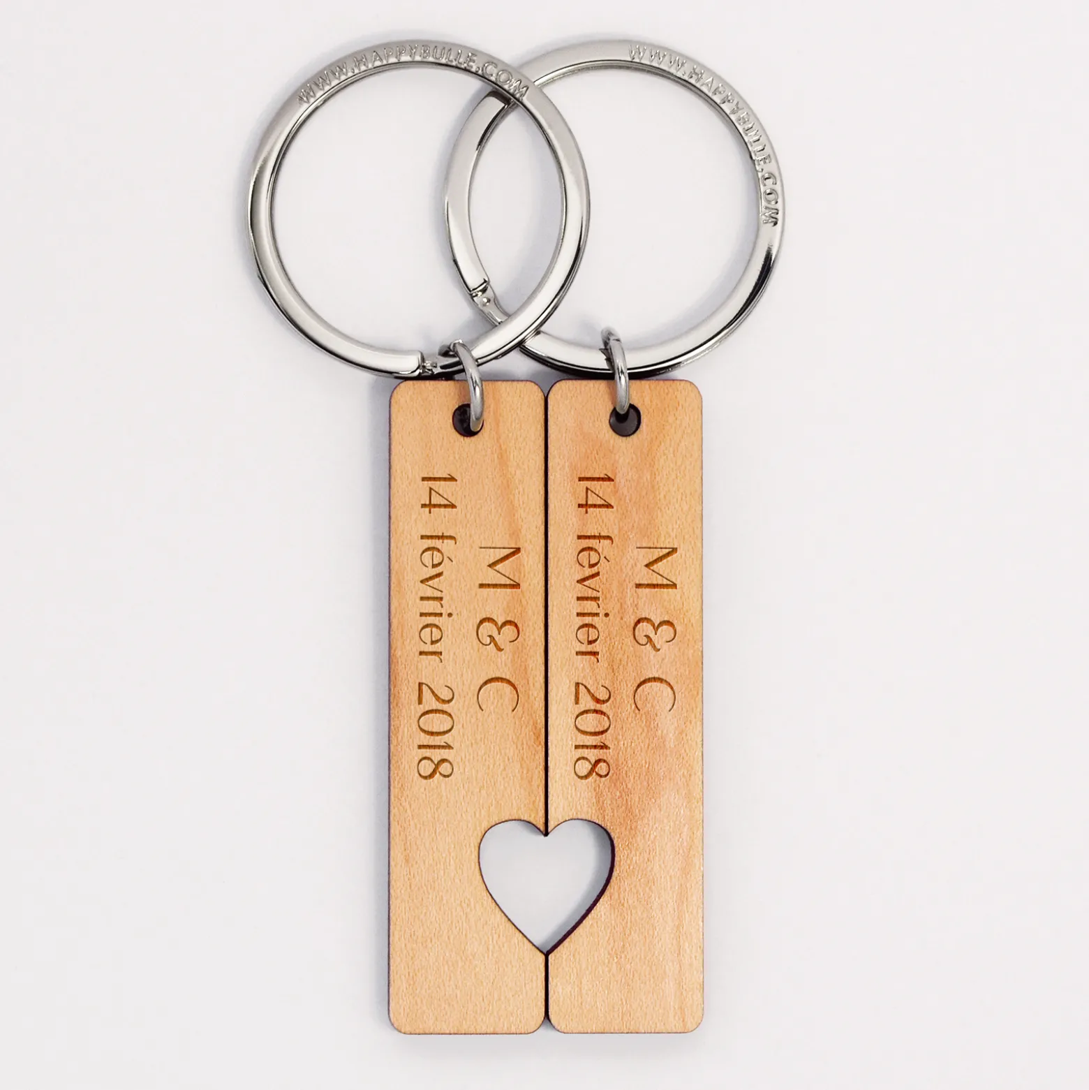 Duo de porte-clés personnalisés médailles gravées bois plaques 16x66 mm "pour les amoureux"