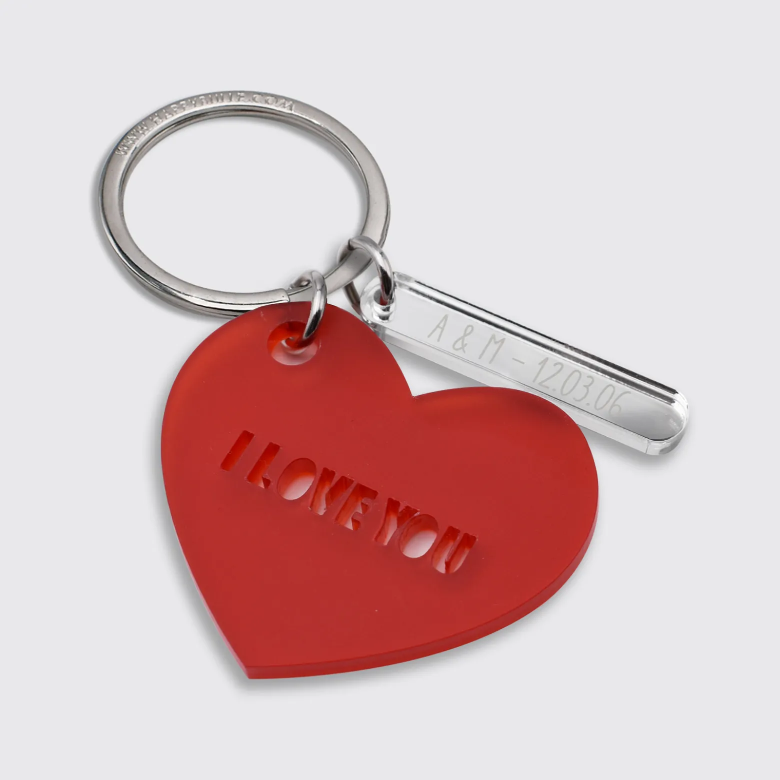 Duo de porte-clés personnalisés médailles coeur acrylique rouge et breloques miroir gravées 40x8 mm