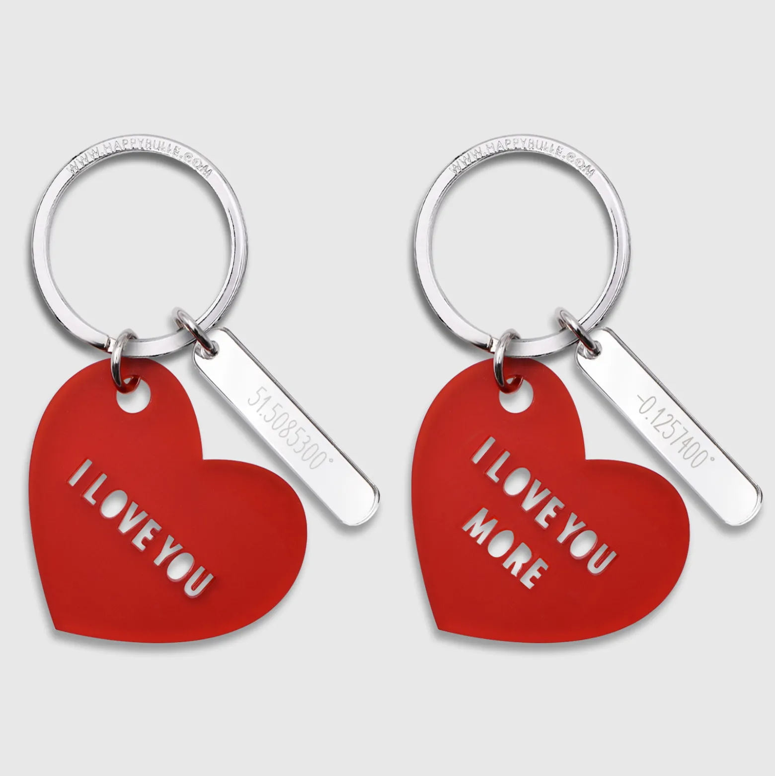 Duo de porte-clés personnalisés médailles coeur acrylique rouge et breloques miroir gravées 40x8 mm