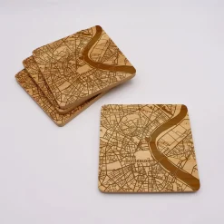 Lot de 4 sous-verres "Géo map" personnalisés gravés bambou 10x10 cm