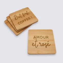 Lot de 4 sous-verres personnalisés gravés bambou 10x10 cm
