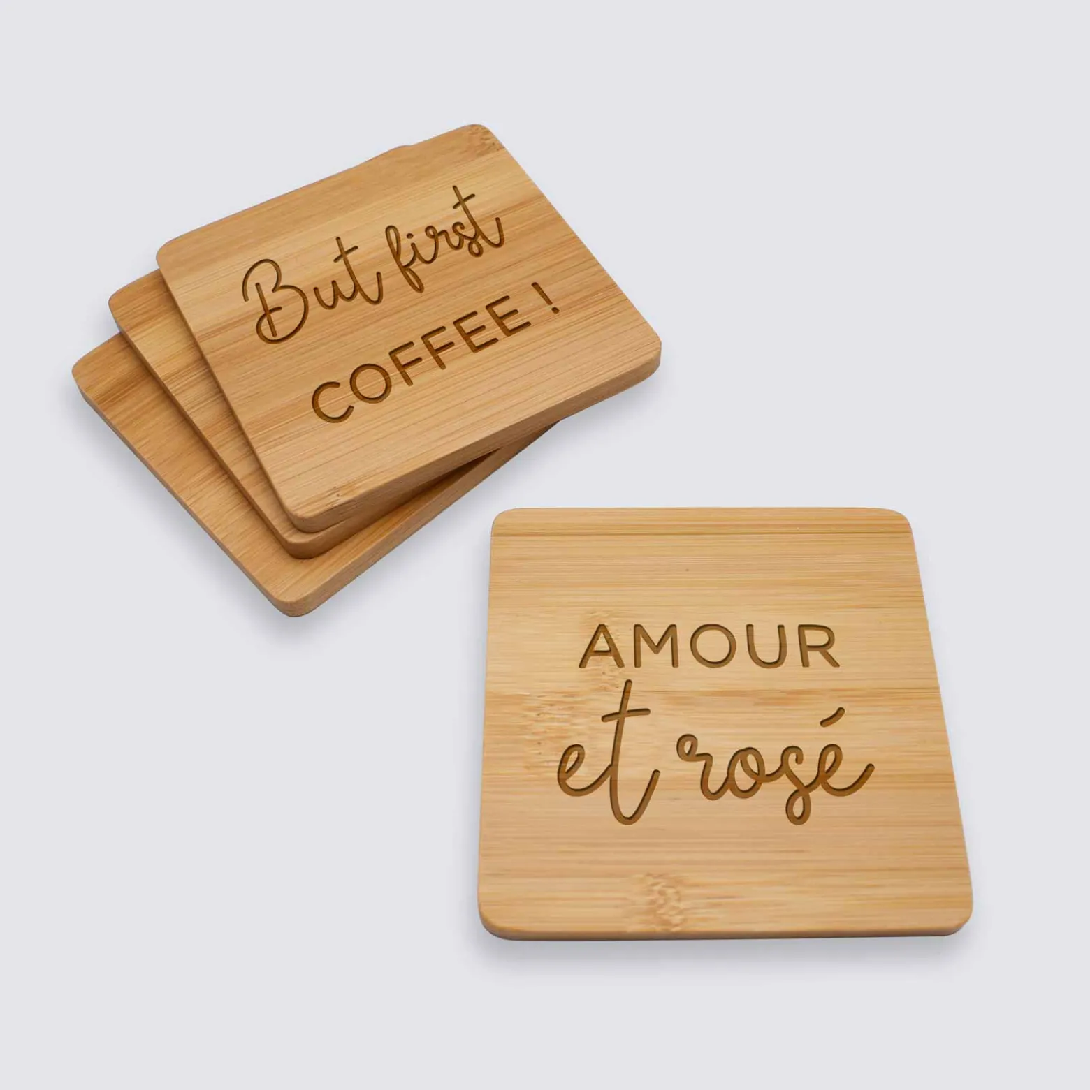Lot de 4 sous-verres personnalisés gravés bambou 10x10 cm