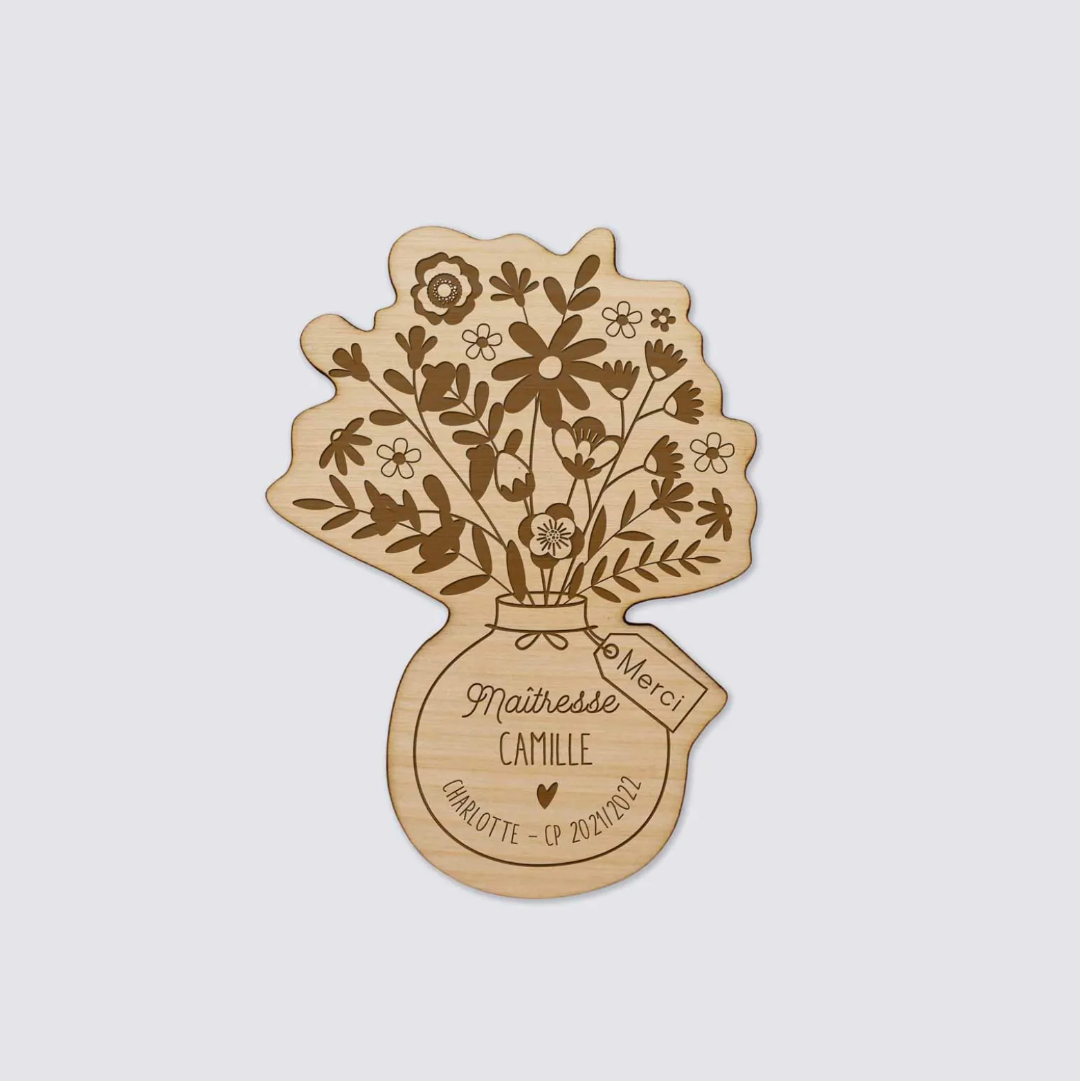 Magnet bouquet de fleurs personnalisé bois gravé 56x78 mm - édition spéciale "merci"