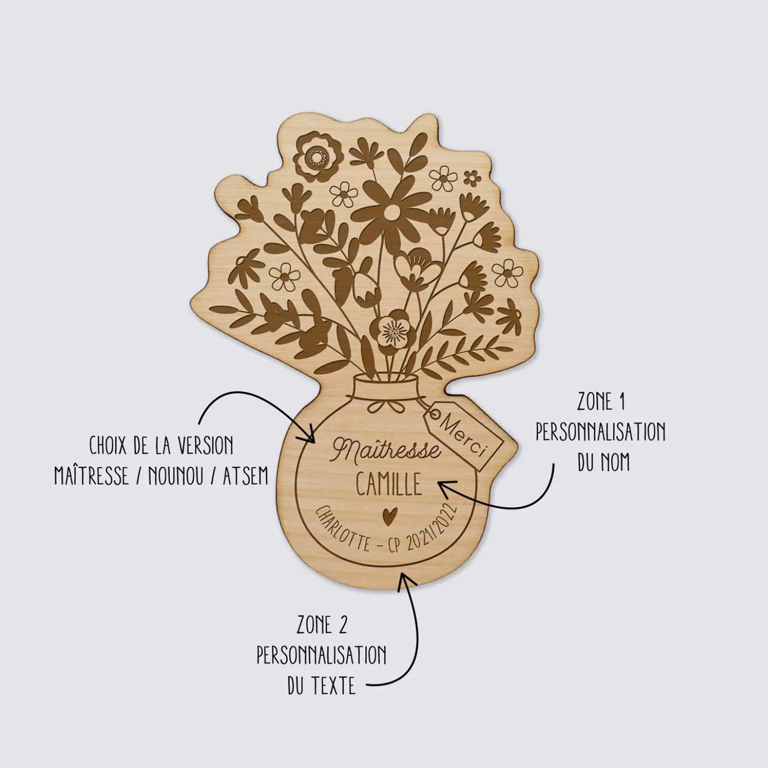 Magnet bouquet de fleurs personnalisé bois gravé 56x78 mm - édition spéciale "merci"