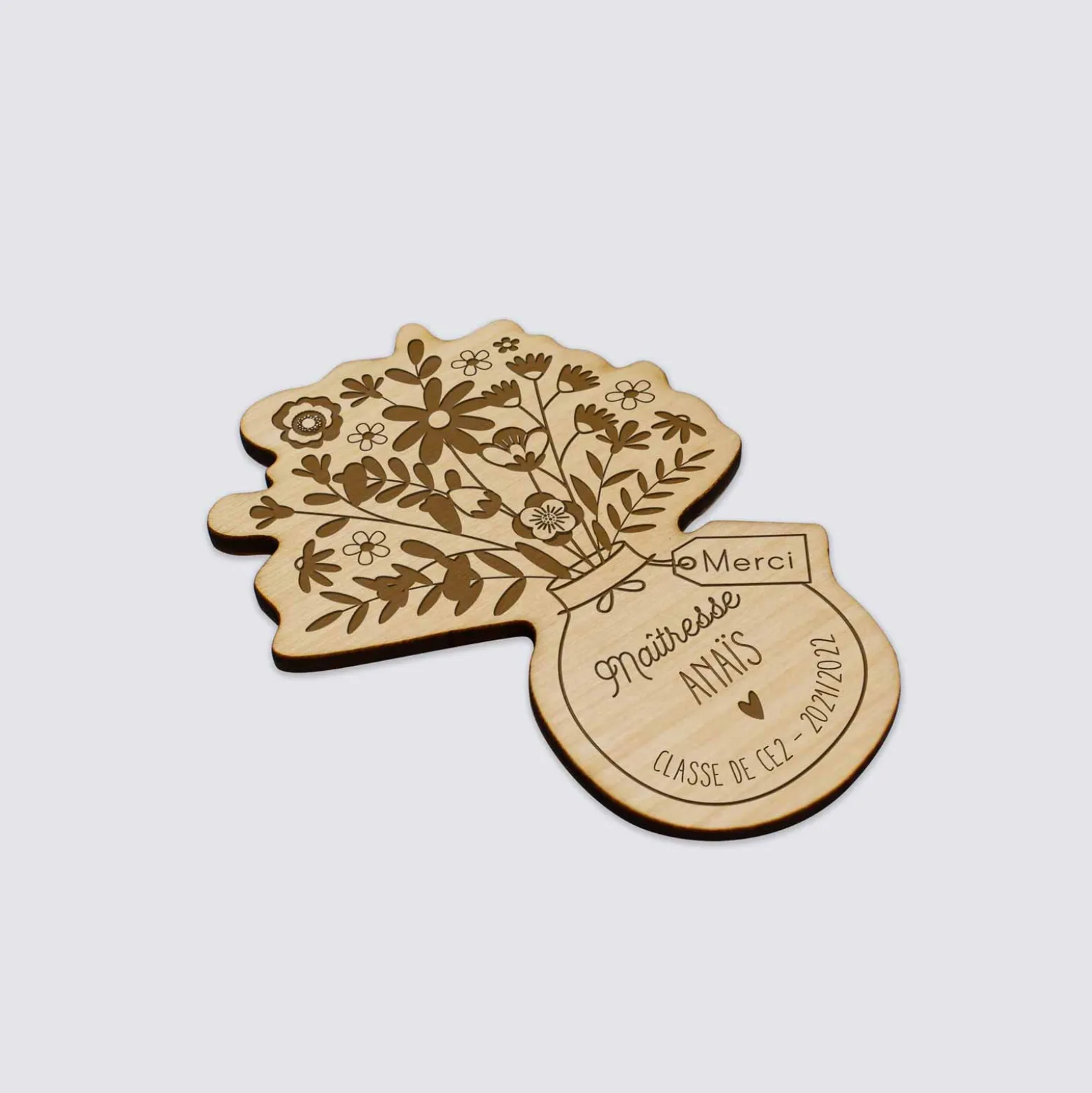 Magnet bouquet de fleurs personnalisé bois gravé 56x78 mm - édition spéciale "merci"