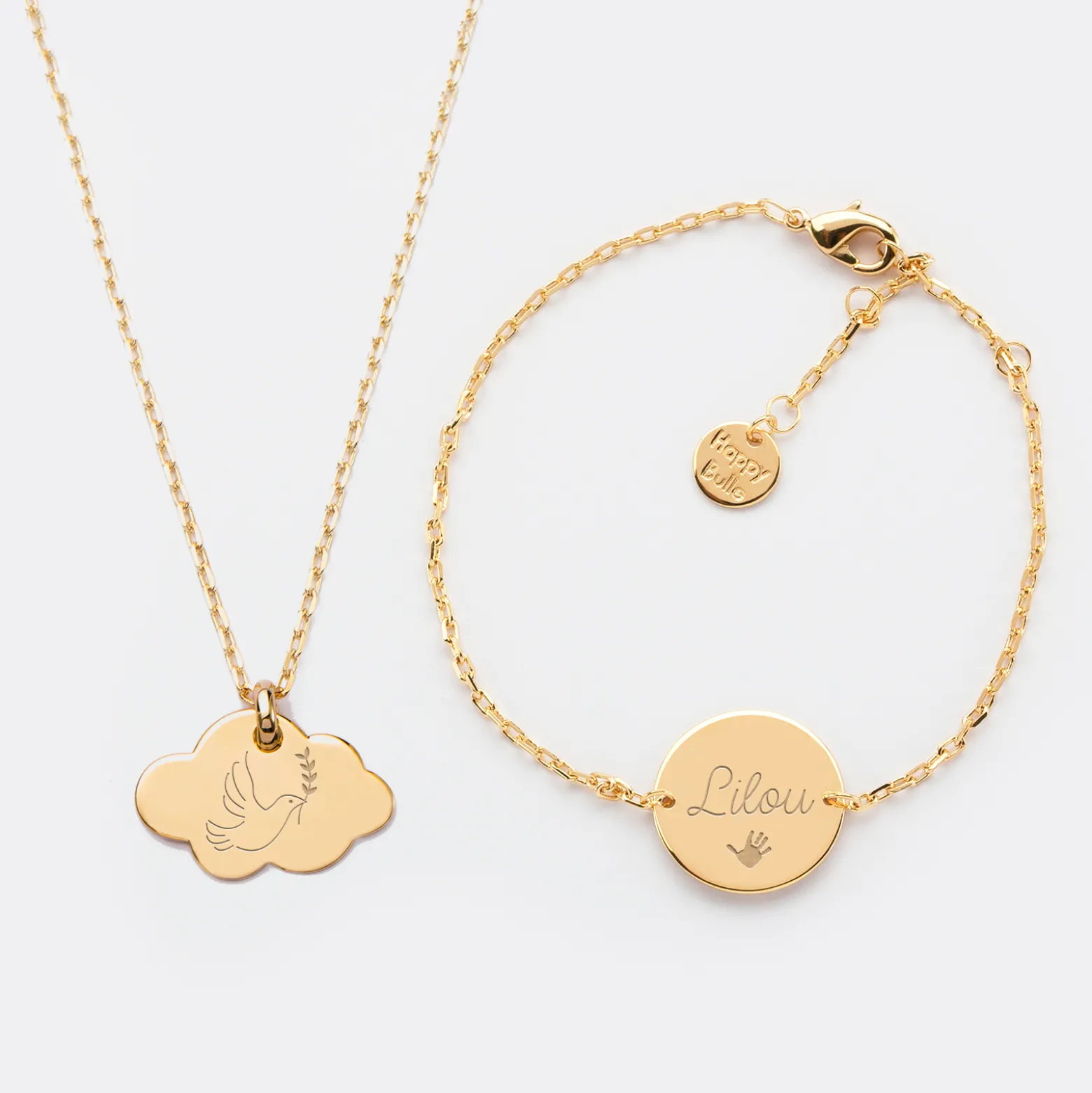 Parure enfant personnalisé pendentif médaille gravée plaqué or nuage 20x14 mm et bracelet chaîne médaille gravée 15 mm