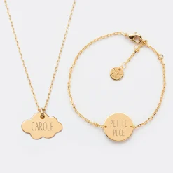 Parure enfant personnalisé pendentif médaille gravée plaqué or nuage 20x14 mm et bracelet chaîne médaille gravée 15 mm