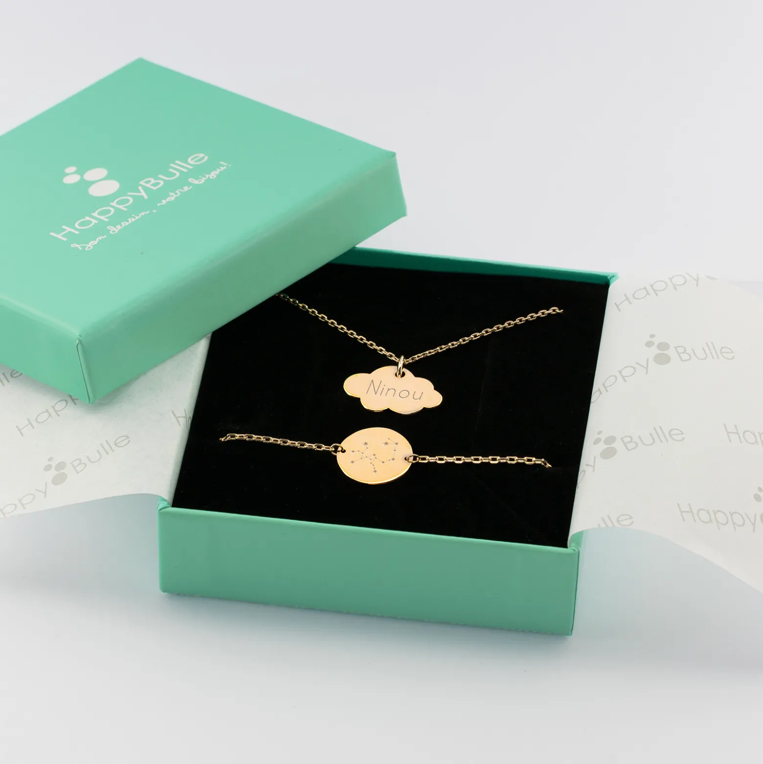 Parure enfant personnalisé pendentif médaille gravée plaqué or nuage 20x14 mm et bracelet chaîne médaille gravée 15 mm