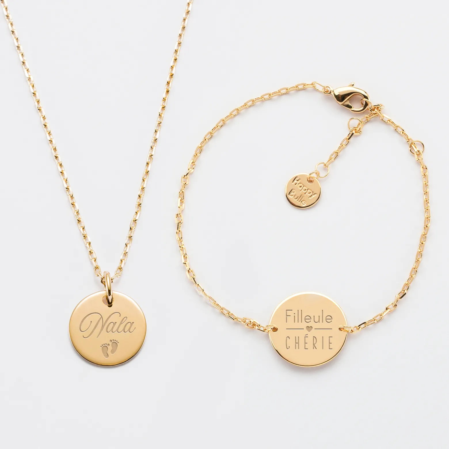 Parure enfant personnalisé pendentif et bracelet chaîne médailles gravées plaqué or 15 mm