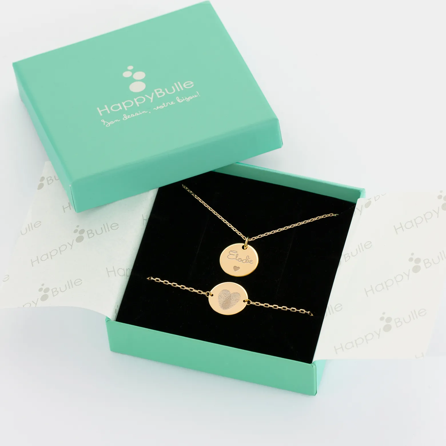 Parure enfant personnalisé pendentif et bracelet chaîne médailles gravées plaqué or 15 mm