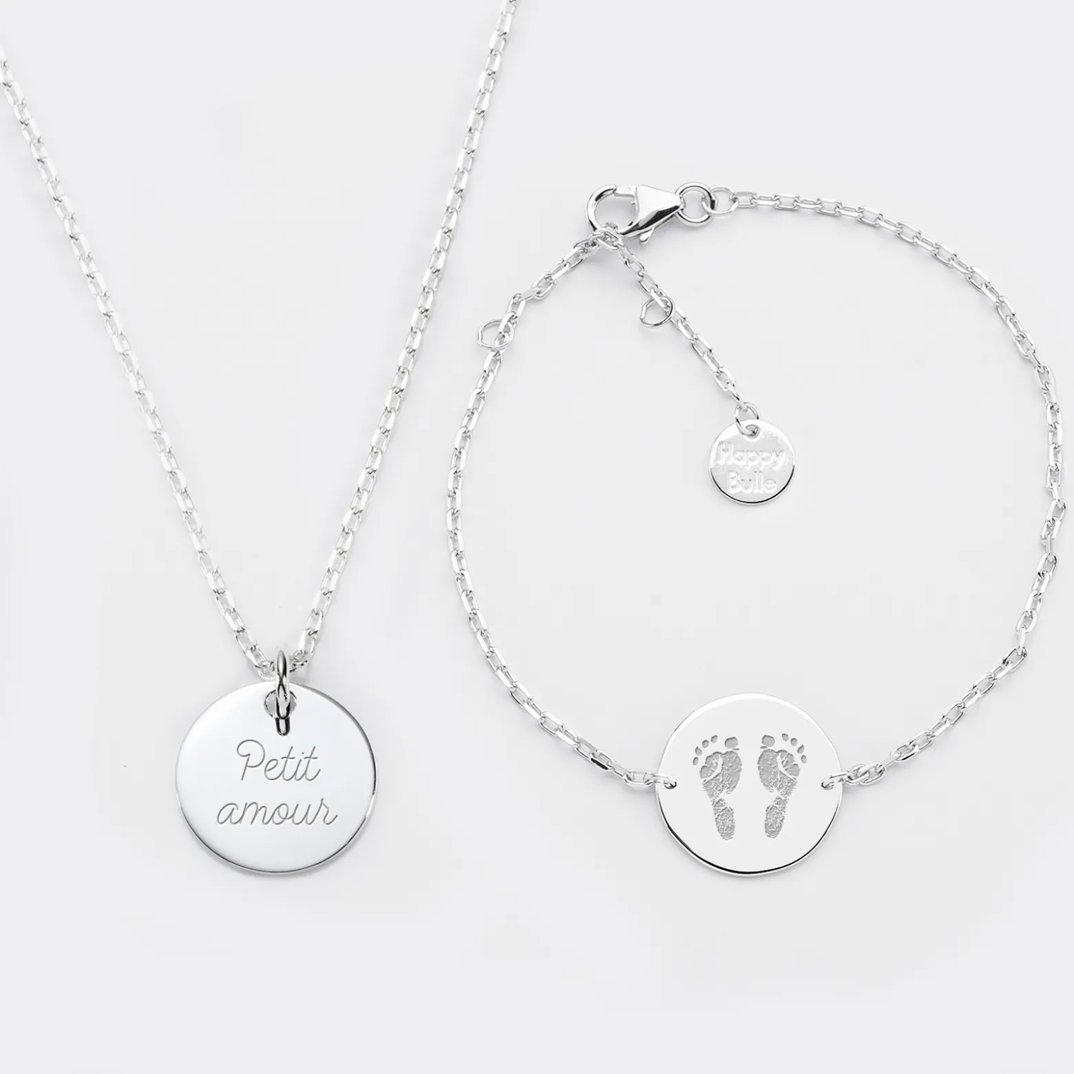 Parure enfant personnalisé pendentif et bracelet chaîne médailles gravées argent 15 mm