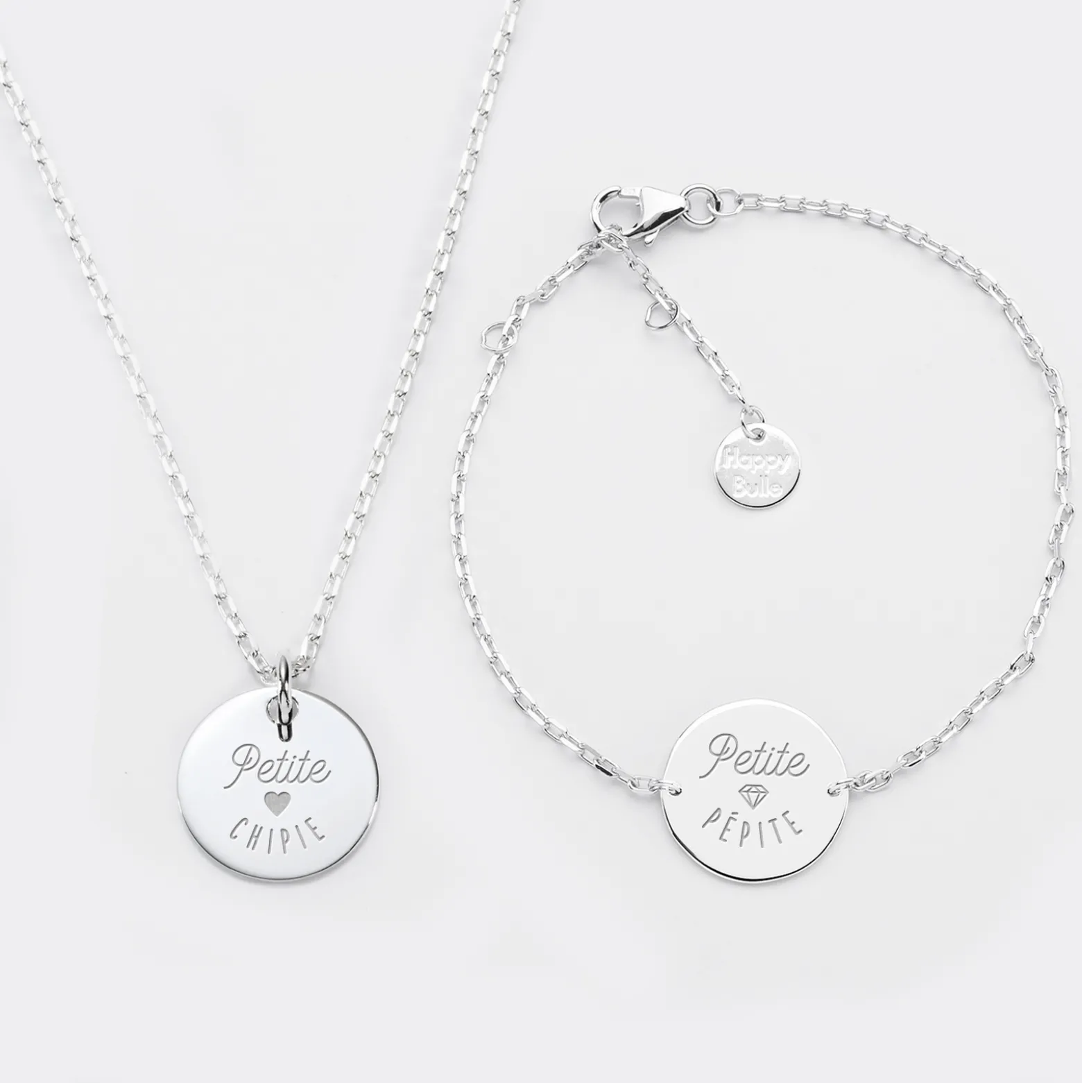 Parure enfant personnalisé pendentif et bracelet chaîne médailles gravées argent 15 mm