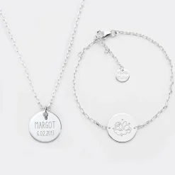 Parure enfant personnalisé pendentif et bracelet chaîne médailles gravées argent 15 mm