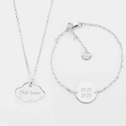 Parure enfant personnalisé pendentif médaille gravée argent nuage 20x14 mm et bracelet chaîne médaille gravée argent 15 mm