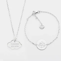 Parure enfant personnalisé pendentif médaille gravée argent nuage 20x14 mm et bracelet chaîne médaille gravée argent 15 mm