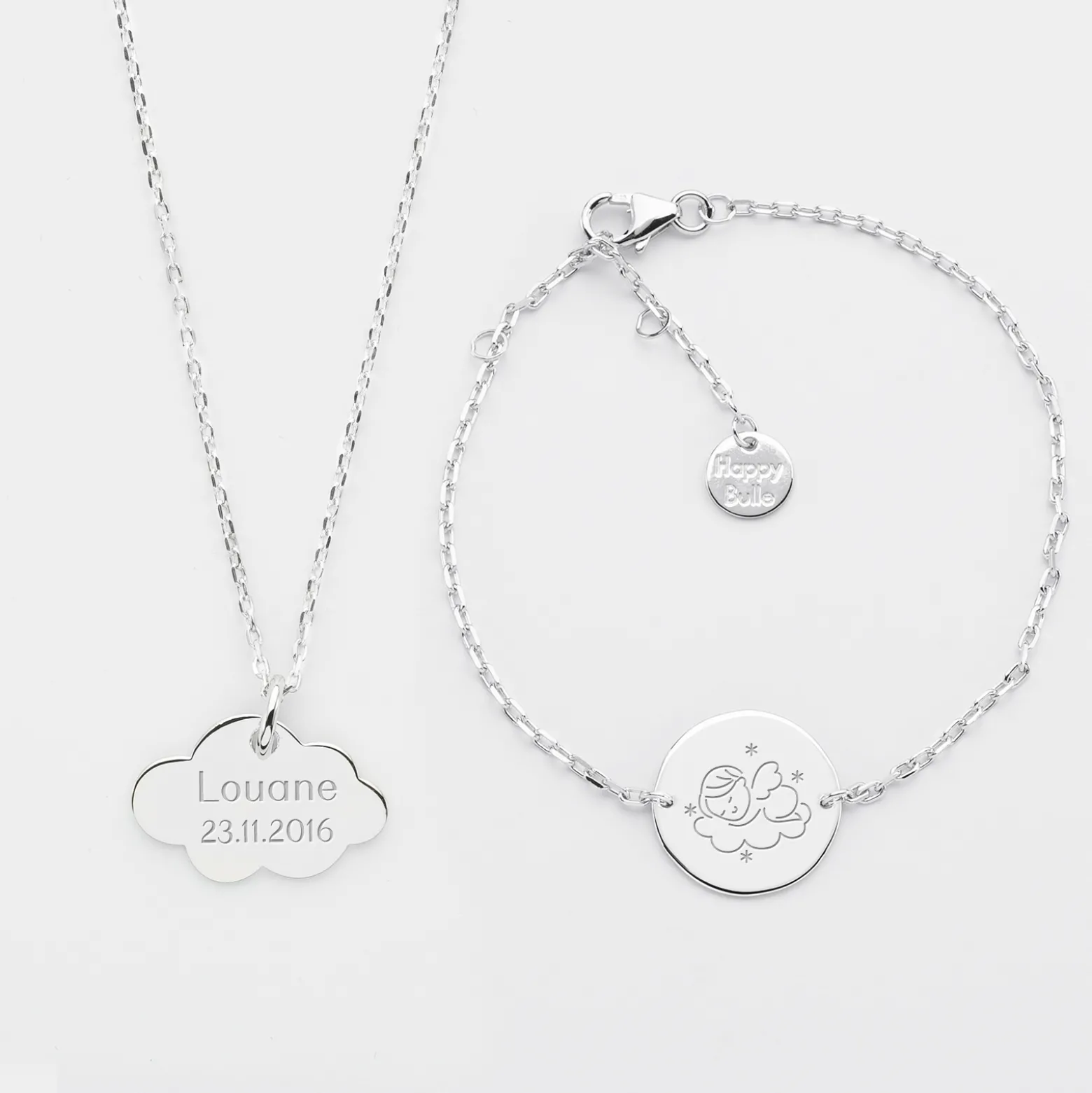 Parure enfant personnalisé pendentif médaille gravée argent nuage 20x14 mm et bracelet chaîne médaille gravée argent 15 mm