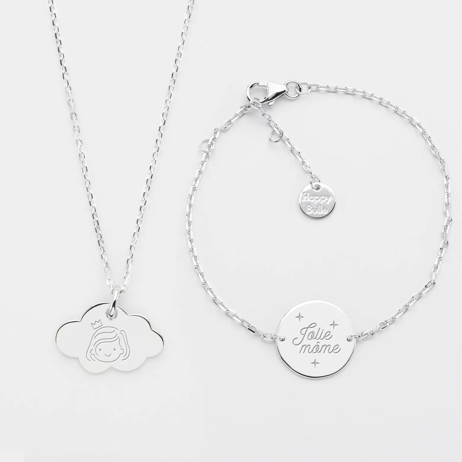 Parure enfant personnalisé pendentif médaille gravée argent nuage 20x14 mm et bracelet chaîne médaille gravée argent 15 mm