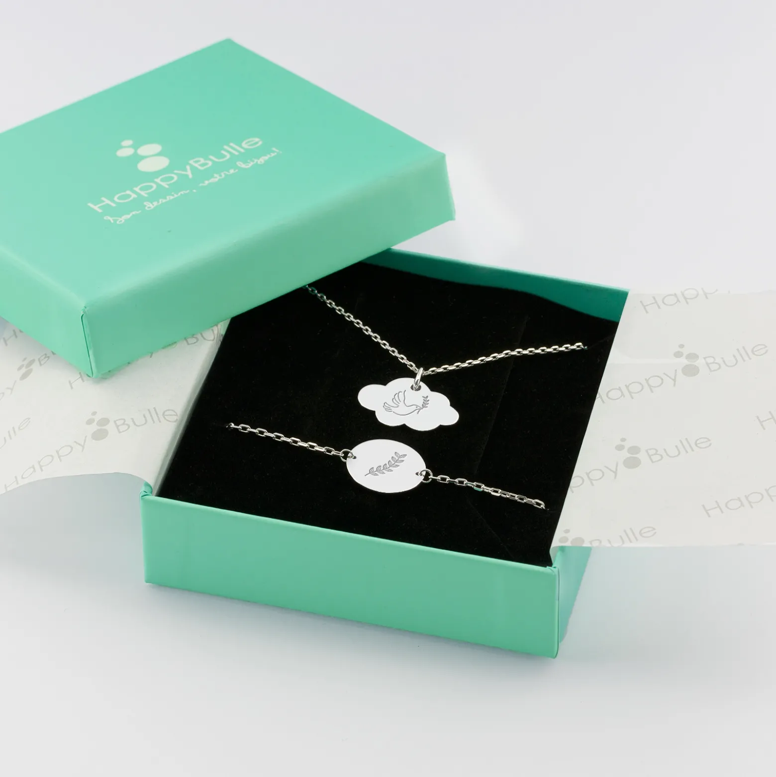 Parure enfant personnalisé pendentif médaille gravée argent nuage 20x14 mm et bracelet chaîne médaille gravée argent 15 mm
