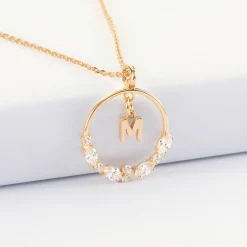 Pendentif cercle scintillant blanc personnalisé médaille plaqué or lettre initiale 5 mm