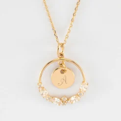 Pendentif cercle scintillant blanc personnalisé médaille gravée plaqué or 10 mm