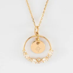 Pendentif cercle scintillant blanc personnalisé médaille gravée plaqué or 10 mm