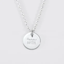 Pendentif Cérémonie enfant personnalisé médaille gravée argent 15 mm
