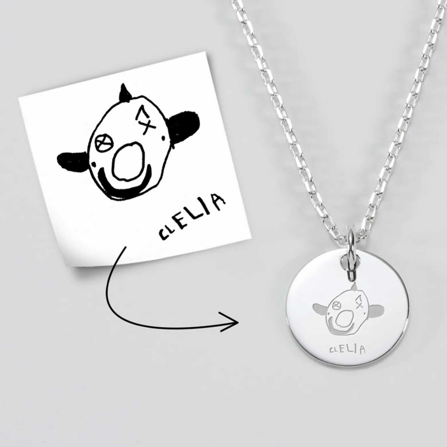 Pendentif enfant calligraphie personnalisé médaille gravée argent 15 mm