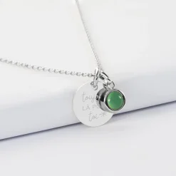 Pendentif enfant personnalisé médaille gravée argent 15 mm et breloque pierre naturelle 8 mm