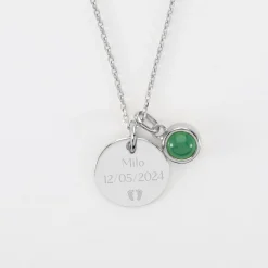 Pendentif enfant personnalisé médaille gravée argent 15 mm et breloque pierre naturelle 8 mm