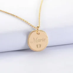 Pendentif enfant personnalisé médaille contour tressé gravée plaqué or 17 mm
