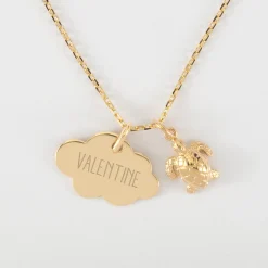 Pendentif enfant personnalisé médaille gravée plaqué or nuage 20x14 mm et breloque tortue 10 mm