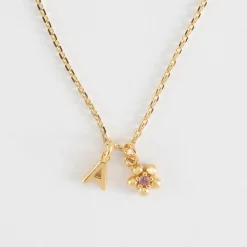 Pendentif enfant personnalisé médaille plaqué or lettre initiale 5 mm et breloque fleur zircon plaqué or 8 mm
