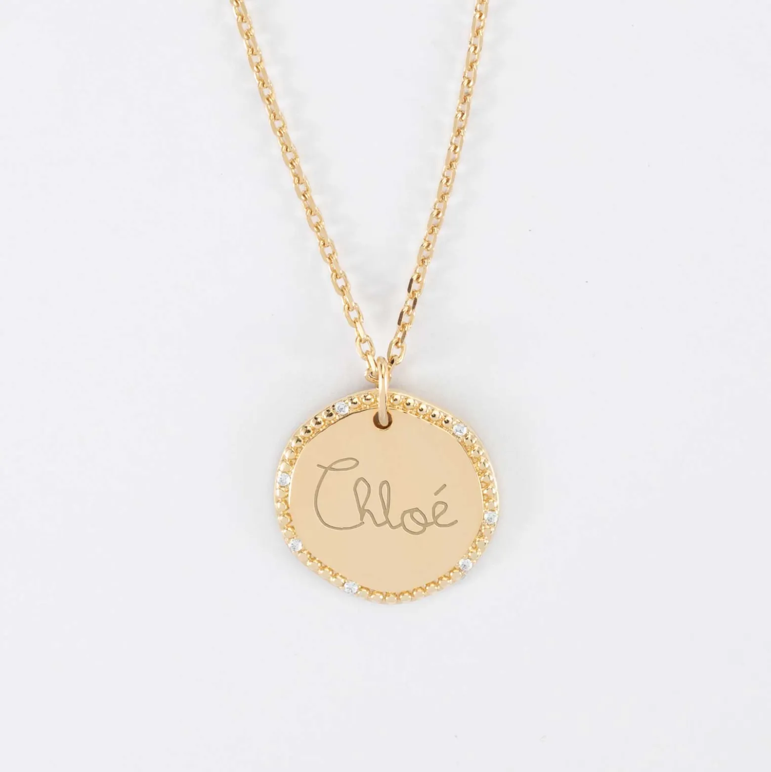 Pendentif enfant personnalisé médaille contour scintillant gravée plaqué or 16 mm