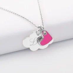 Pendentif enfant personnalisé médaille gravée argent nuage 20x14 mm et breloque coeur email 10 mm