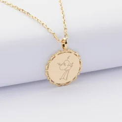 Pendentif enfant personnalisé médaille vintage dentelée gravée plaqué or 17 mm