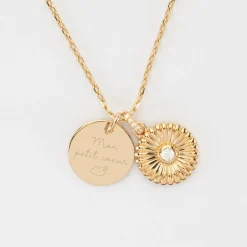 Pendentif enfant personnalisé médaille gravée plaqué or 15 mm et breloque tournesol scintillant 14 mm