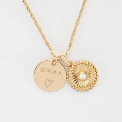 Pendentif enfant personnalisé médaille gravée plaqué or 15 mm et breloque tournesol scintillant 14 mm