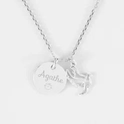 Pendentif enfant personnalisé médaille gravée argent 15 mm et breloque colombe 18 mm