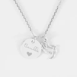 Pendentif enfant personnalisé médaille gravée argent 15 mm et breloque colombe 18 mm