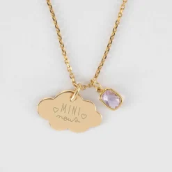 Pendentif enfant personnalisé médaille gravée plaqué or nuage 20x14 mm et breloque rectangle zircon plaqué or 9 mm