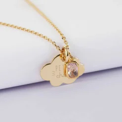 Pendentif enfant personnalisé médaille gravée plaqué or nuage 20x14 mm et breloque rectangle zircon plaqué or 9 mm