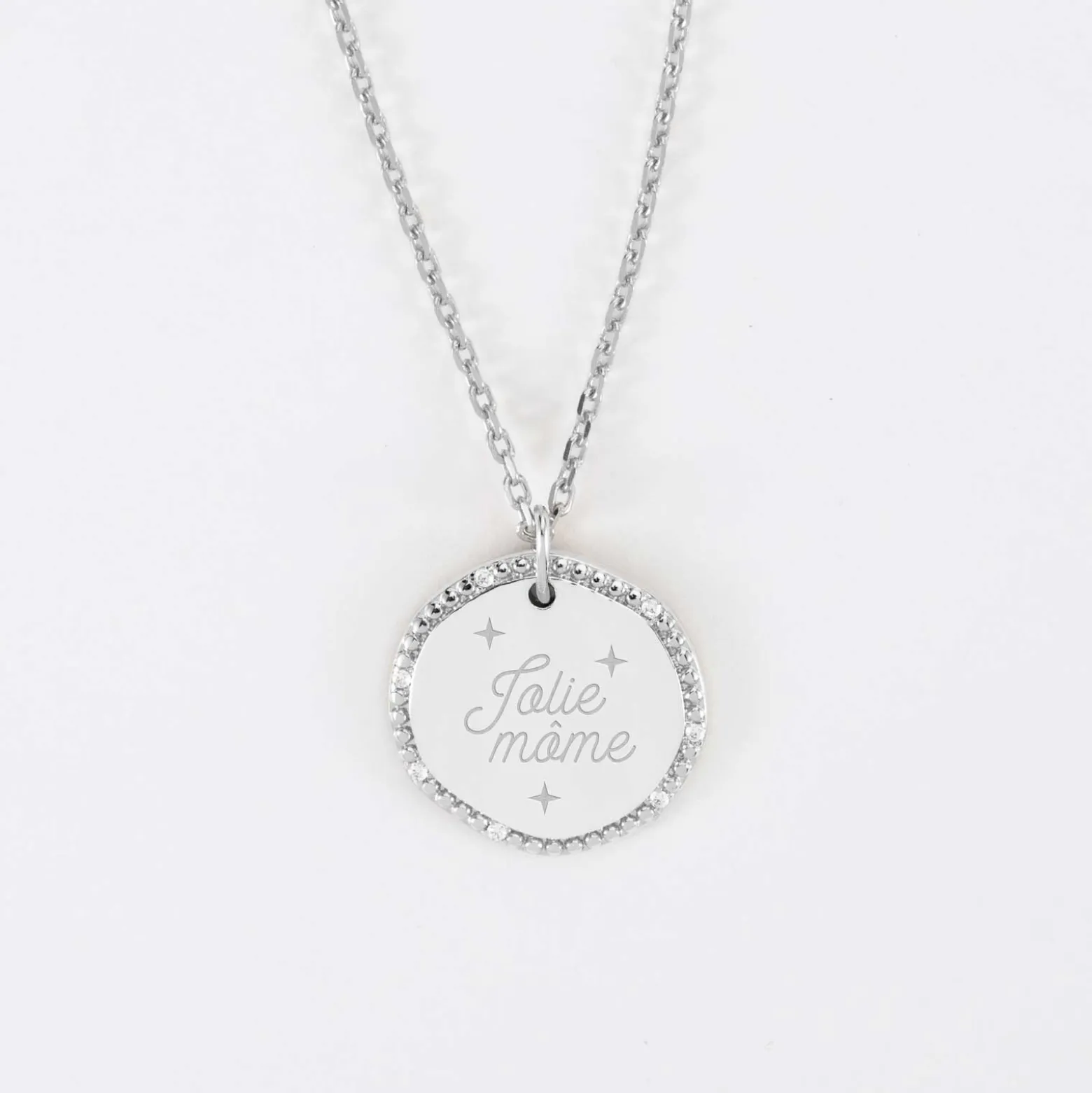 Pendentif enfant personnalisé médaille contour scintillant gravée argent 16 mm