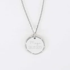 Pendentif enfant personnalisé médaille contour scintillant gravée argent 16 mm