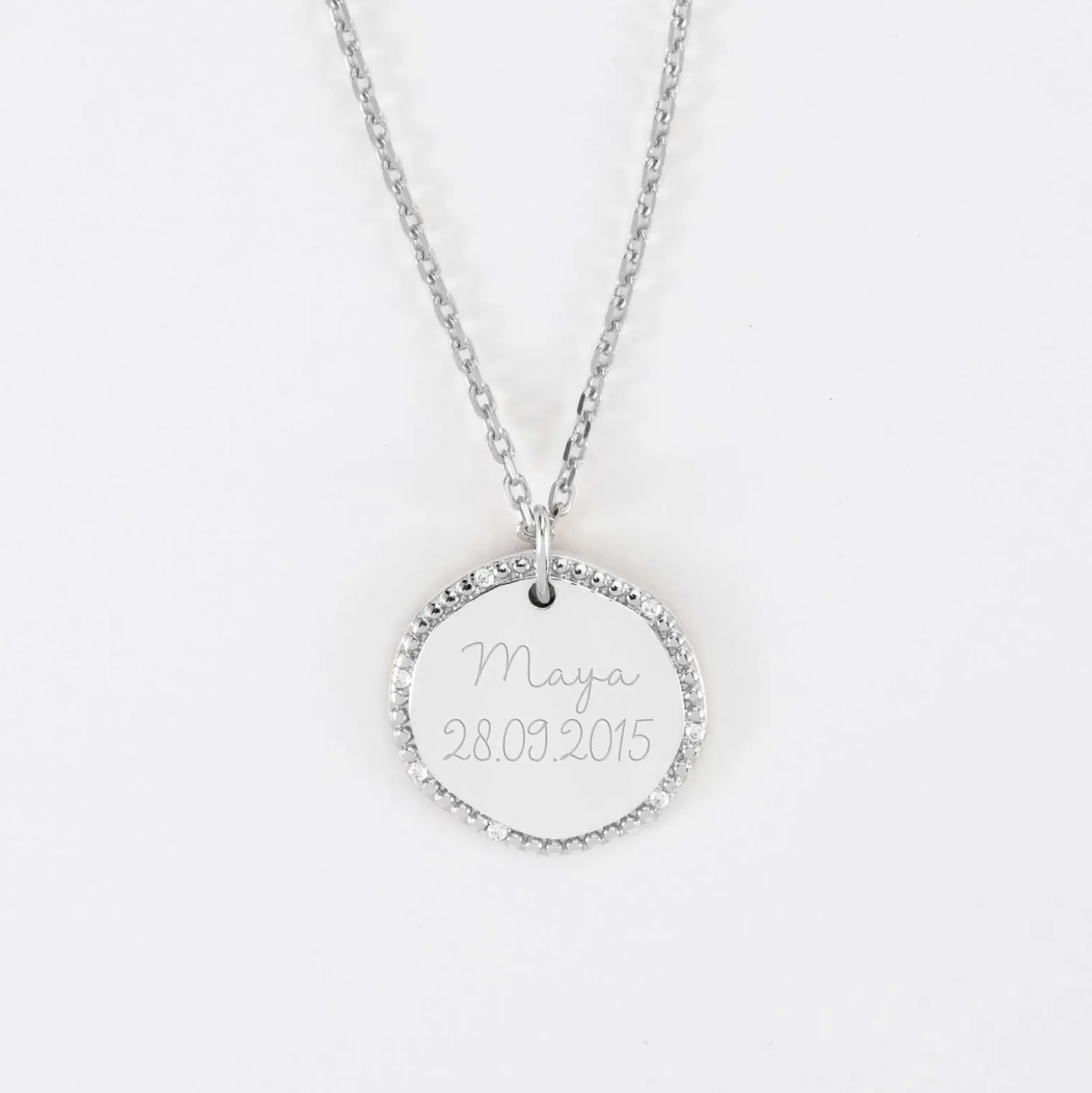 Pendentif enfant personnalisé médaille contour scintillant gravée argent 16 mm