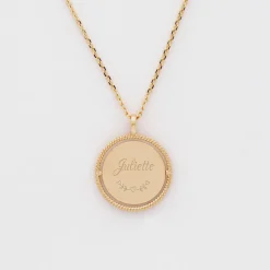 Pendentif enfant personnalisé médaille réversible contour tressé Eternelle gravée plaqué or 18 mm - HappyBulle x Capucine