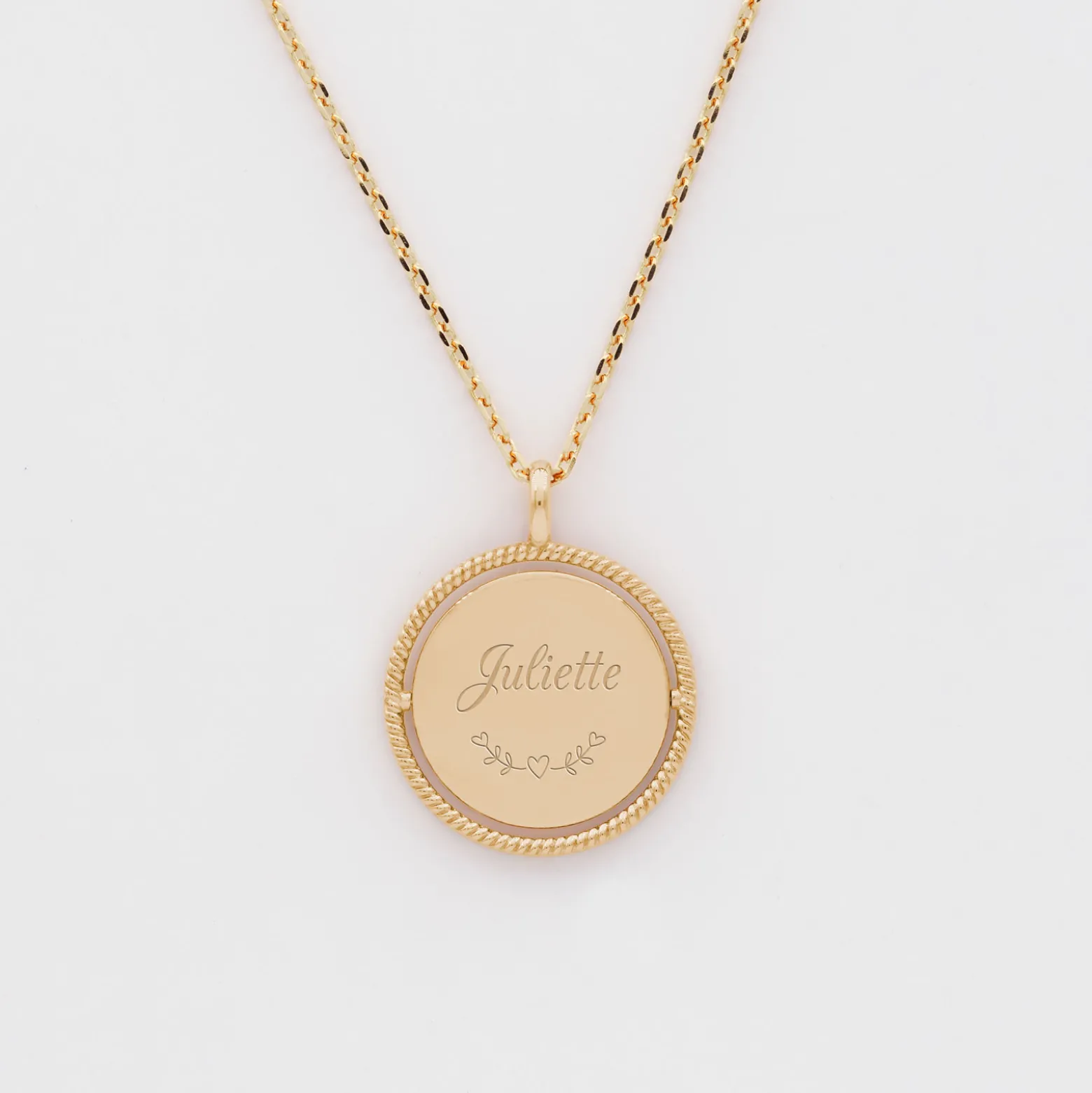 Pendentif enfant personnalisé médaille réversible contour tressé Eternelle gravée plaqué or 18 mm - HappyBulle x Capucine